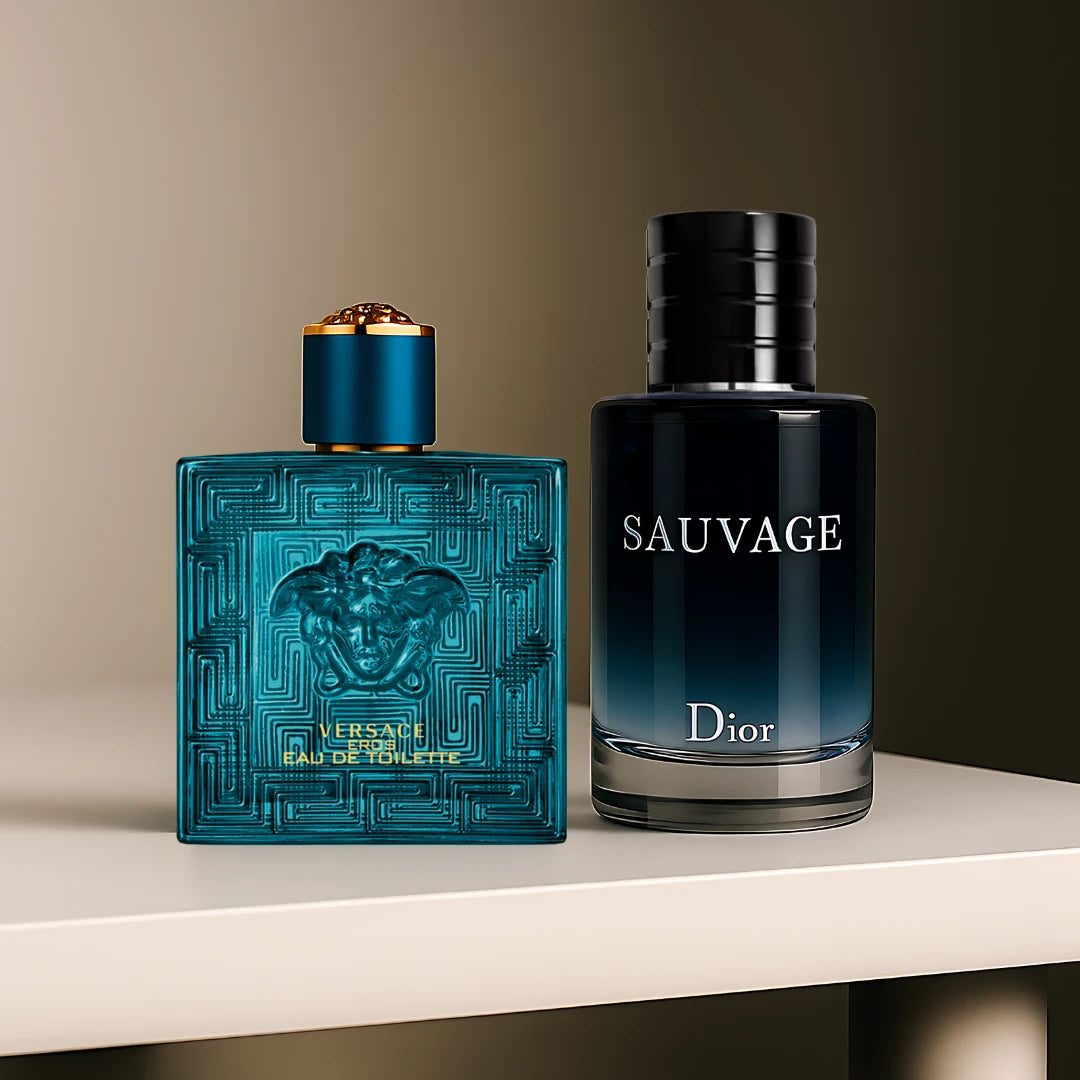 Two perfume bottles, one Versace Eros and one Dior Sauvage, on a white surface with a neutral background. Scent BLVD